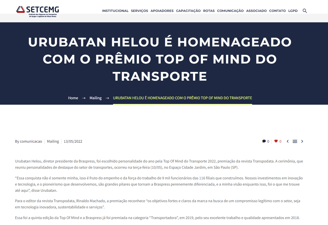 SETCEMG publica sobre o prêmio de personalidade do transporte de Urubatan Helou