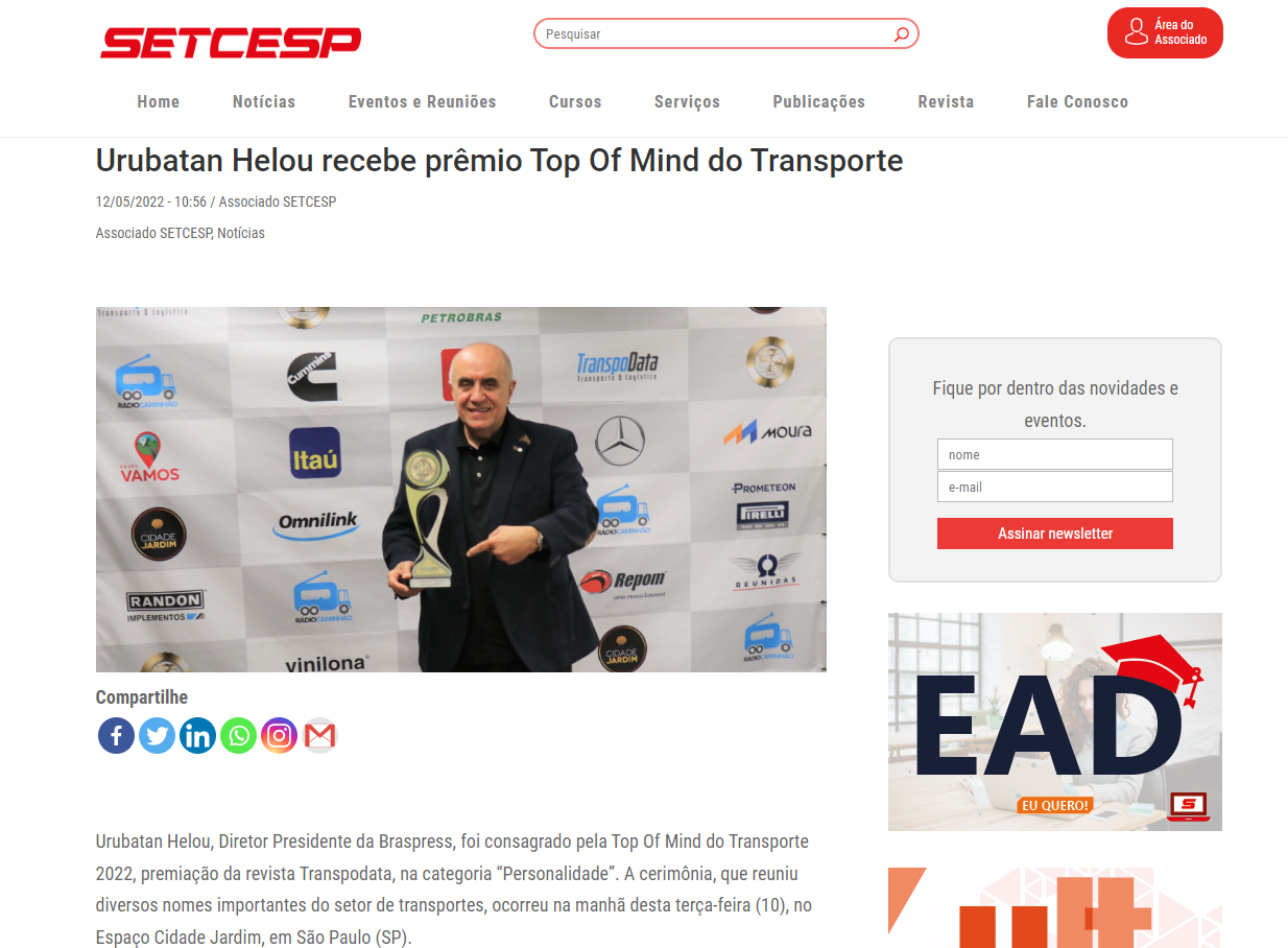 SETCESP publica sobre o prêmio de personalidade do transporte de Urubatan Helou