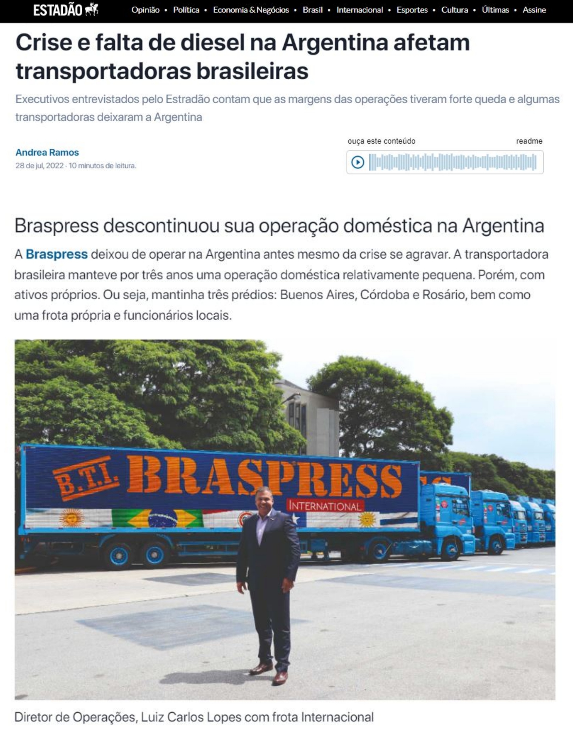 Braspress é destaque no caderno de transportes do jornal Estadão