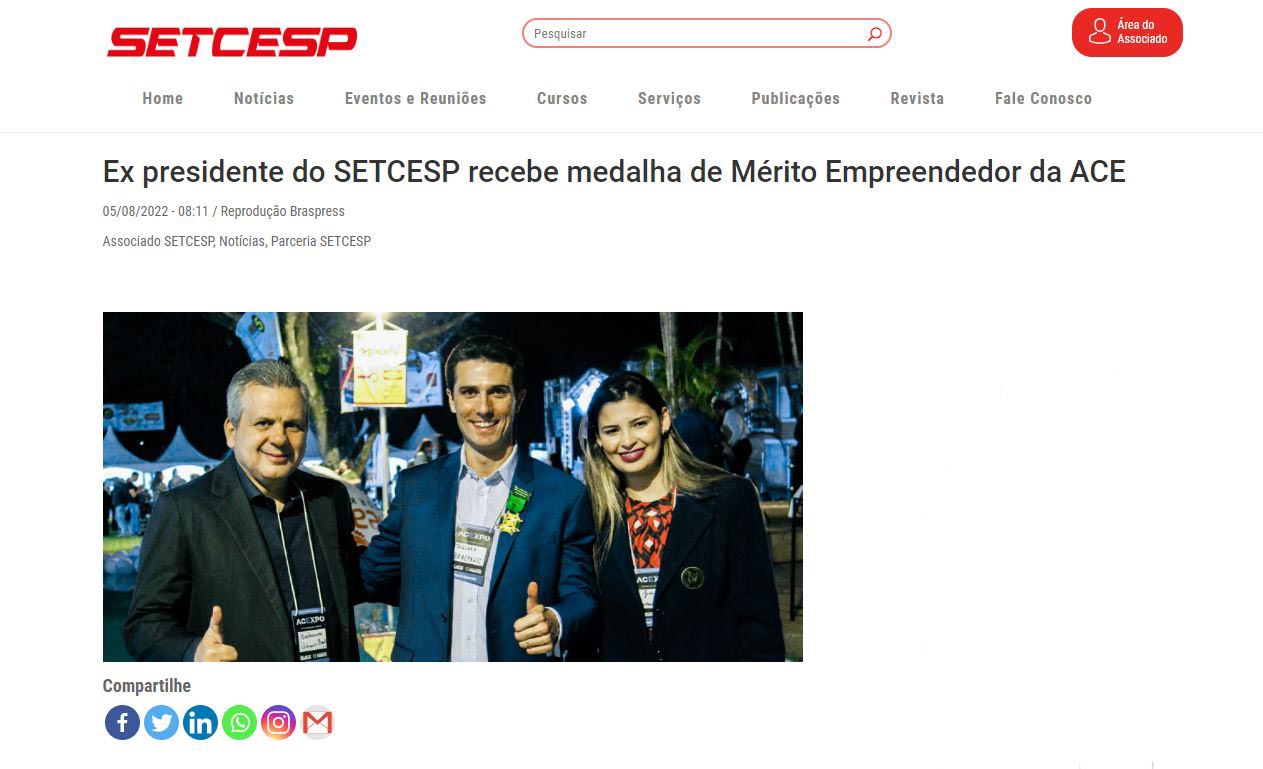 SETCESP destaca Medalha de Mérito Empreendedor recebida por Tayguara Helou